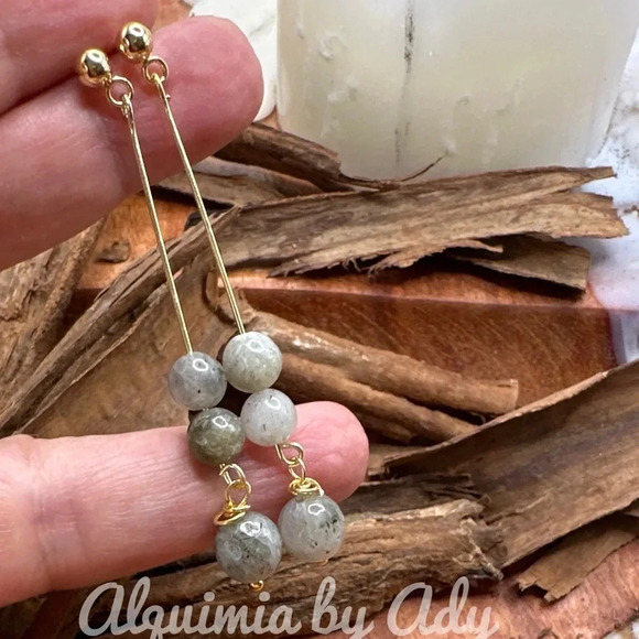 Labradorite gold balanced bar simple extra long dangle minimalist earrings - Picture 1 of 4